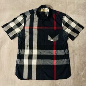 Burberry London England Navy Blue Nova Check Plaid Short Sleeve Shirt Large